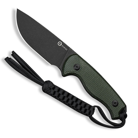 timberbark micarta fixed blade laying on one side with logo on blade "CIVIVI" showing, dark green handle, and paracord