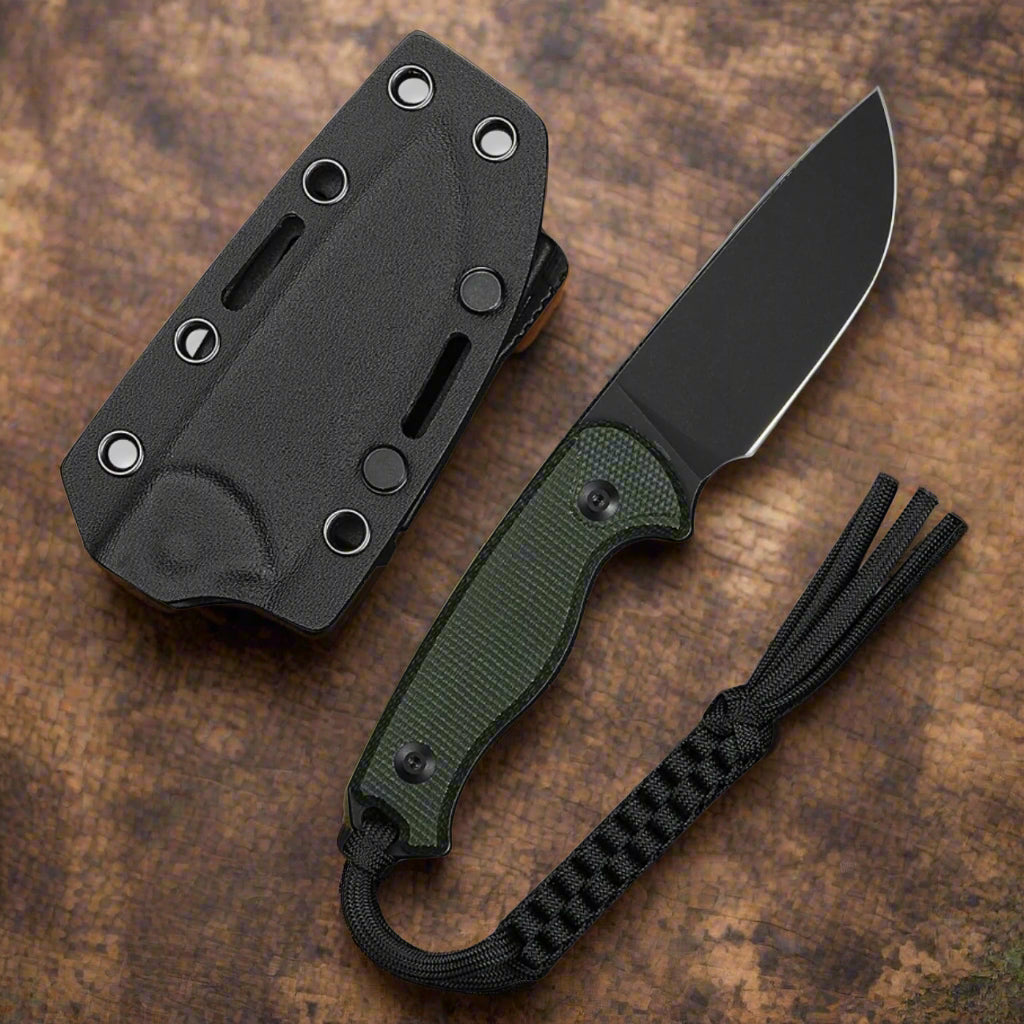  timberbark micarta fixed blade on a wooden background with kydex sheath next to it.