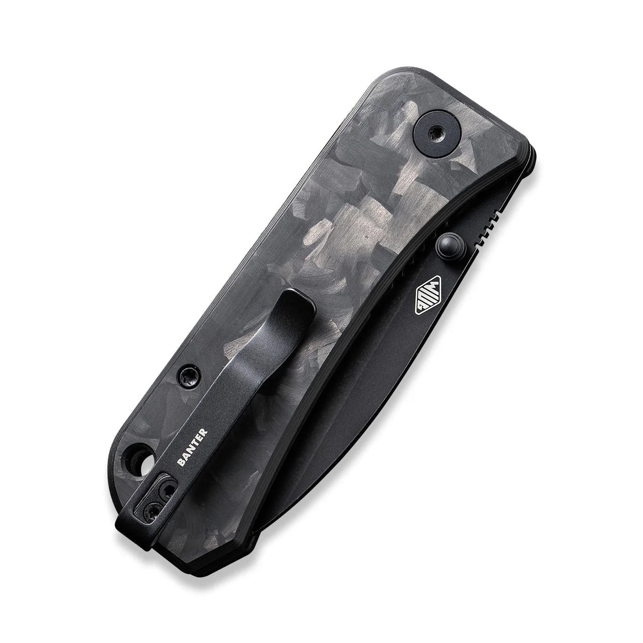 folded Banter Marble Carbon folding knife from the side, showing the clip with "banter" written on it, and the thumbstud