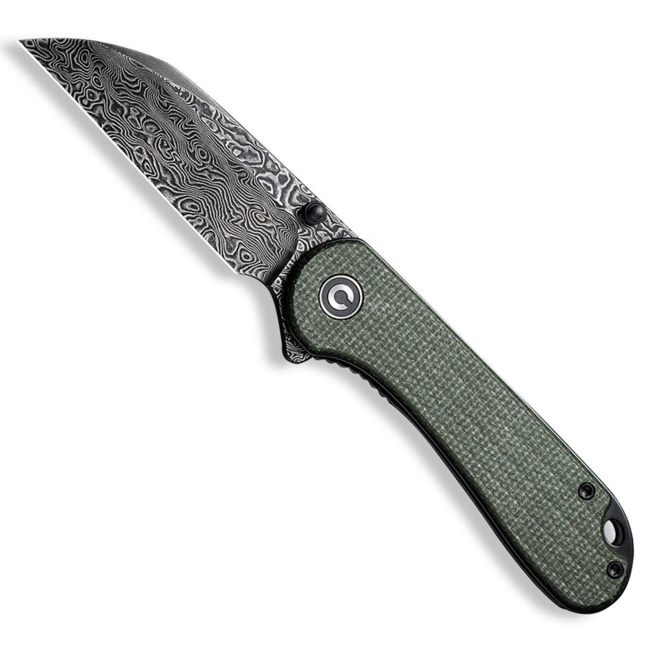 profile of CIVIVI Elementum Wharncliffe, green micarta handle, round C button, end of handle hole for rope